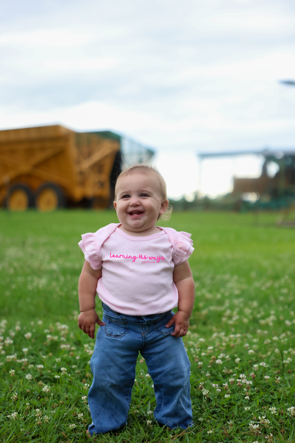 Learning His Ways Baby Girl Christian Onesie | Proverbs 22:6 Pink Ruffle Sleeve Bodysuit